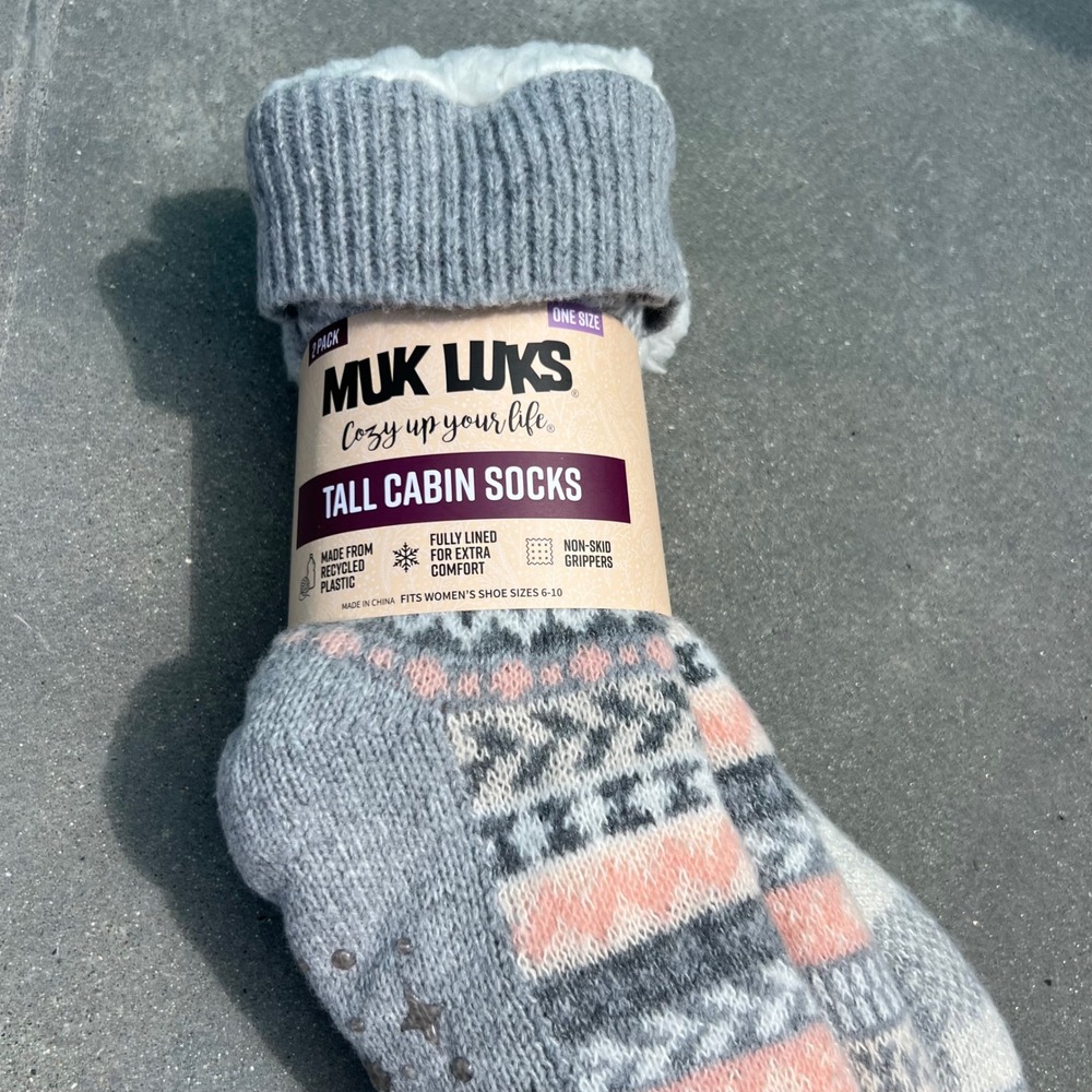Muk Luks 2 Pack Tall Cabin Socks Grey Pink Plaid Fair Isle Faux Fur Lined 6-10